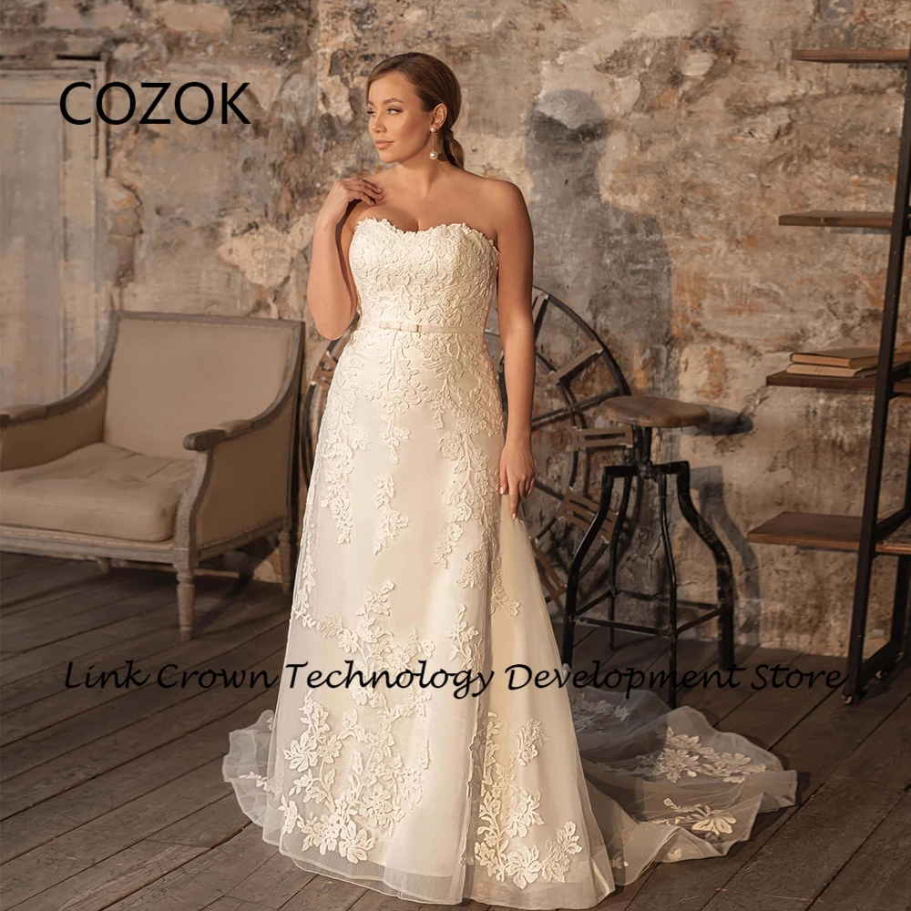 

COZOK Strapless Wedding Dresses for Women 2024 Summer New Sleeveless Sweep Train Bridal Gowns with Lace Vestidos De Novia