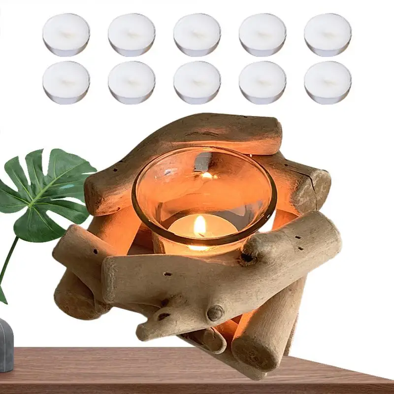 

Rustic Tealight Holder Tealight Holder With Glass Cup Drift Wood Country Tea Light Candle Holder With 10 Candles For Table