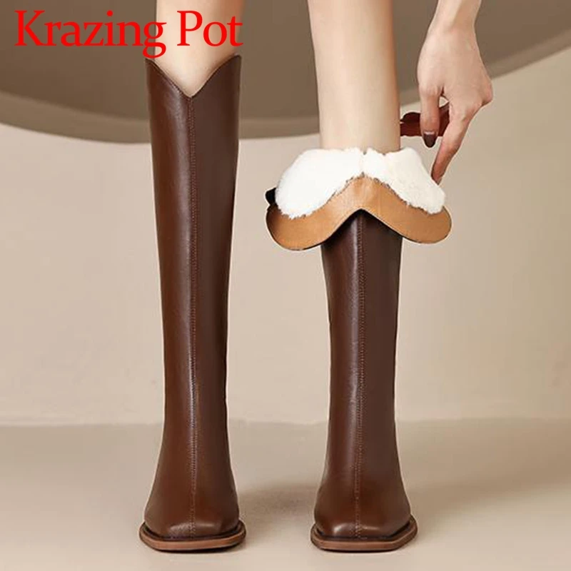 

Krazing Pot Wool Cow Leather Square Toe Thick High Heels Snow Boots Stay Warm Fur Thin Leg Simple Style Zipper Thigh High Boots