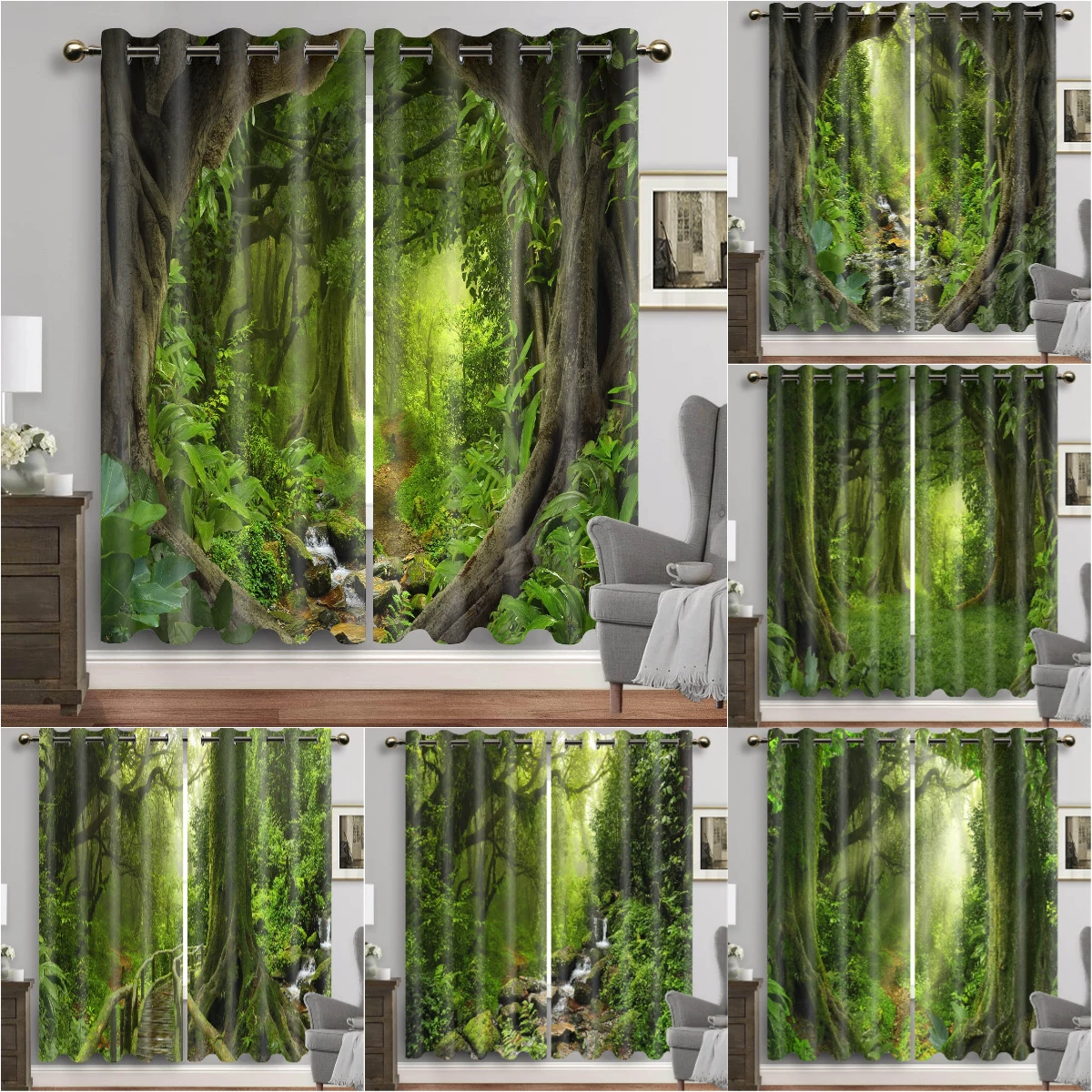 

Rainforest Window Curtain Green Forest Waterfall Eyelet Curtains Stream Landscape Drapes In Living Room High Shading 70%-90%