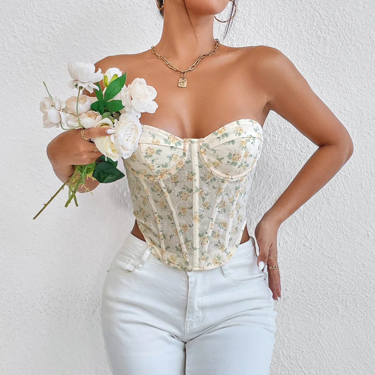 

Sleeveless Crop Bodices Tops Summer Sexy Floral Corset with Bones Halter Tank Top Woman Bustier Underwire Slim Camis Back Strap