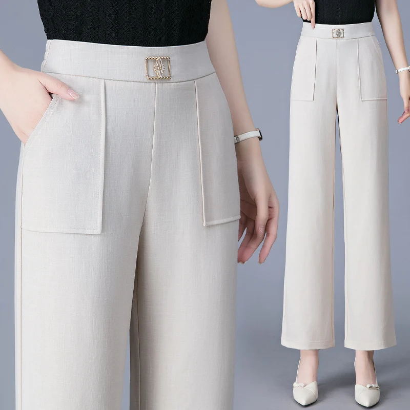 

Брюки Женские однотонные с широкими штанинами, модные простые Свободные повседневные универсальные прямые штаны в Корейском стиле, с завышенной талией и карманами, в стиле пэчворк, весна