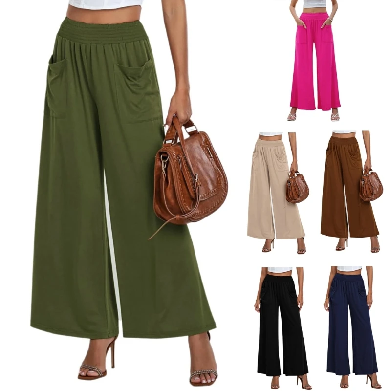 

Women Casual Loose Wide Leg Palazzo Pant Plain Solid Smocked Elastic High Waist Pleated Flared Trousers with Pockets