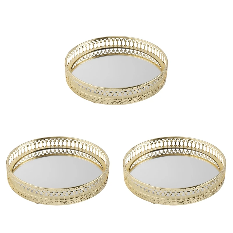 

3X Golden Iron Jewelry Storage Tray Glass Mirror Makeup Manager Desktop Cosmetic Dessert Decorative Display Tray 17.5Cm