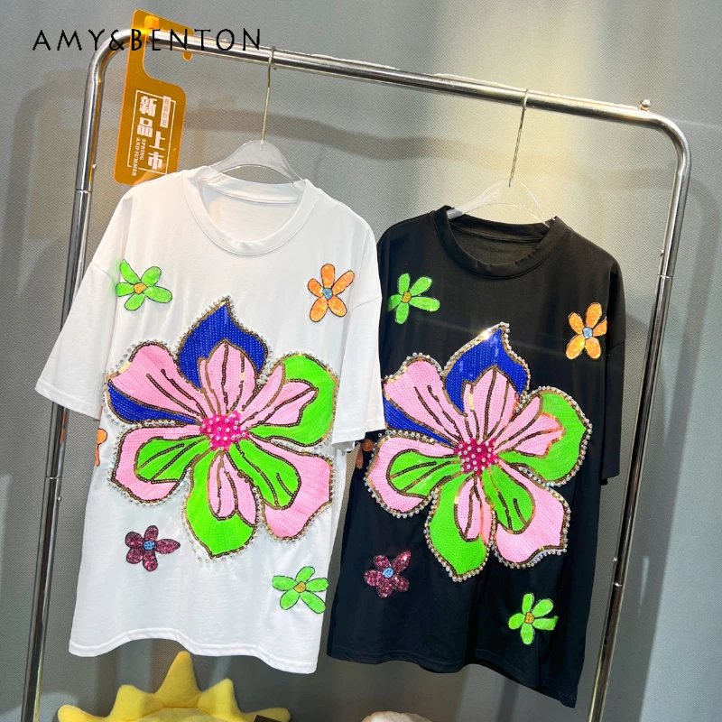 

2024 Summer New Popular Style Kawaii Tees Heavy Industry Rhinestone Sequined Flower Top Women's Loose Mid-Length T-shirt Clothes