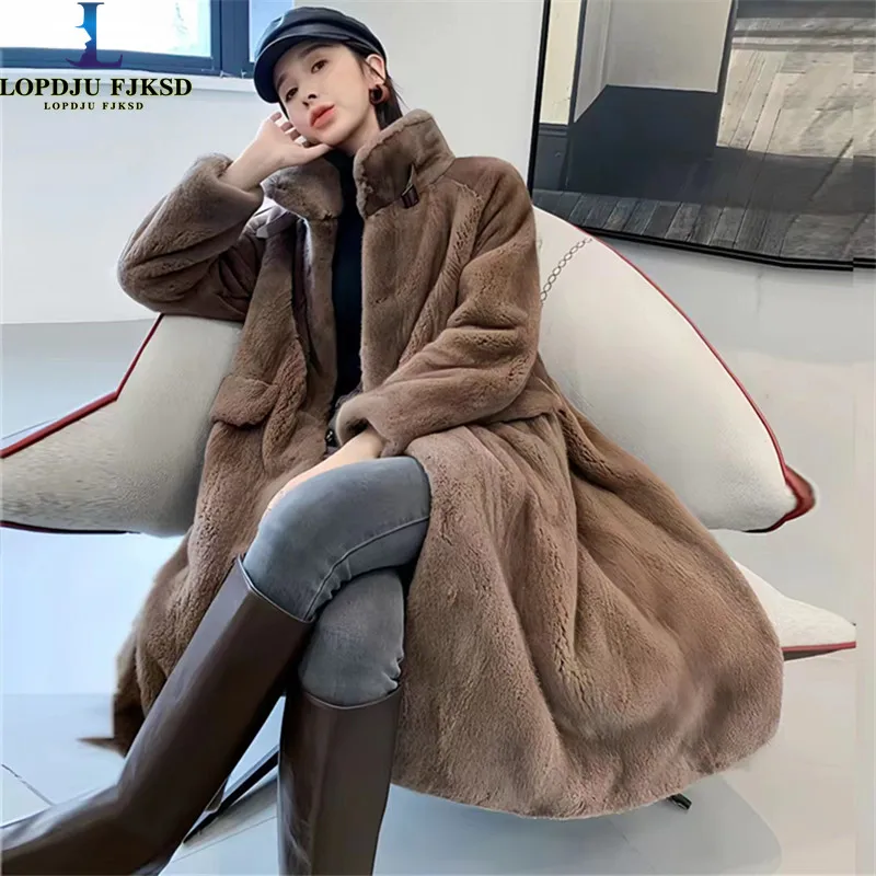

Пальто из искусственного меха норки для женщин, длинная куртка, Корейская плотная теплая одежда, закрытая пуговица, отложной воротник, осень и зима, 2023