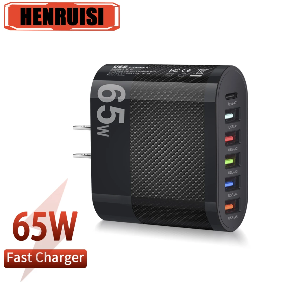 

6 Ports 65W USB Charger PD Quick Charge QC3.0 Travel Charger For iPhone 14 Samsung Xiaomi Huawei EU/US/UK Plug Wall Charger