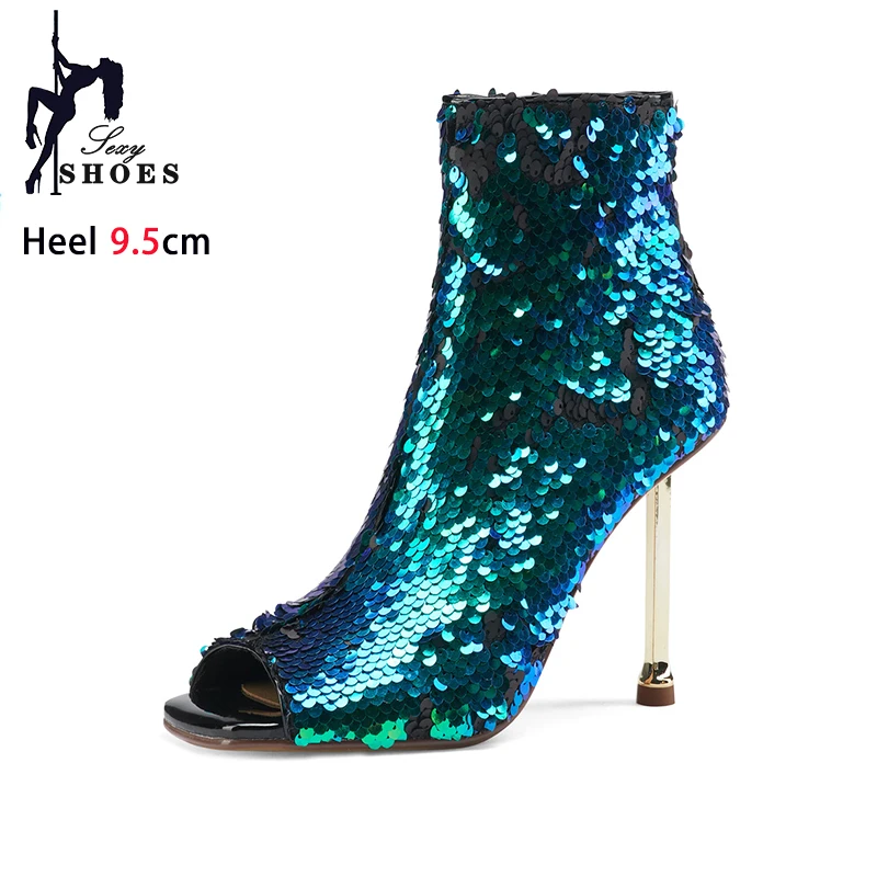 

Women Square Toe Boots 2024 Summer Peep Toe High Heels Club Ladies Glietter Ankle Boots With Zipper Bling Sequined Party Shoes