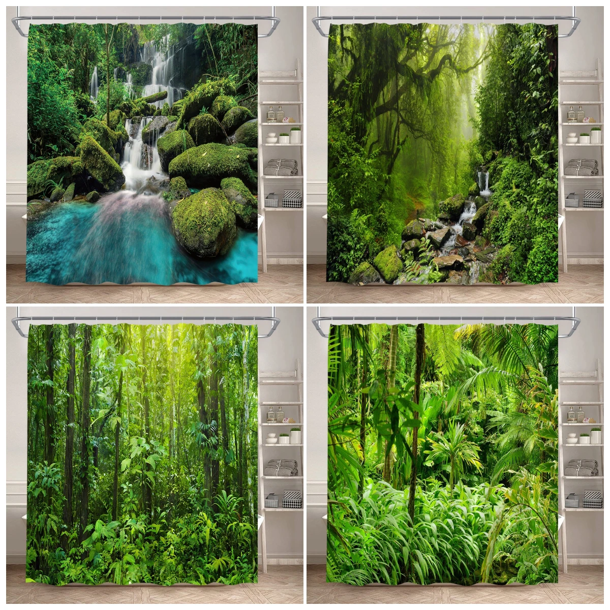 

Forest Landscape Shower Curtains Tropical Jungle Palm Plants Waterfall Nature Scenery Fabric Bathroom Curtain Decor With Hooks
