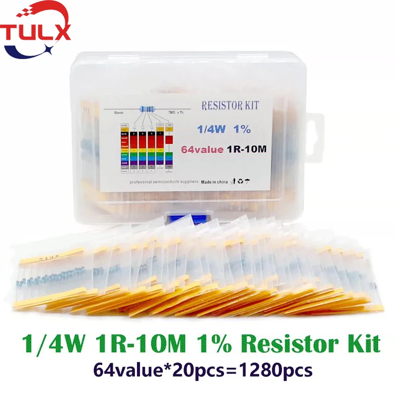 1280Pcs 1/4W 1% Metal Film Resistors Kit (64 Values x 20pcs) 1ohm - 4.7Mohm 1/4 Watt High Precision MF Resistance Set Assortment
1280Pcs 1/4W 1% Metal Film Resistors Kit (64 Values x 20pcs) 1ohm - 4.7Mohm 1/4 Watt High Precision MF Resistance Set Assortment
