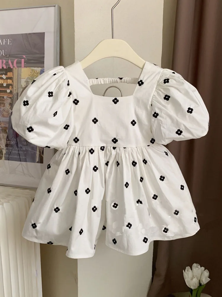 

Girls' Clothing 2022 Summer Girls Retro Polka Dot Square Neck Dress Western Style Bubble Sleeve Parent-child Wear kids clothes