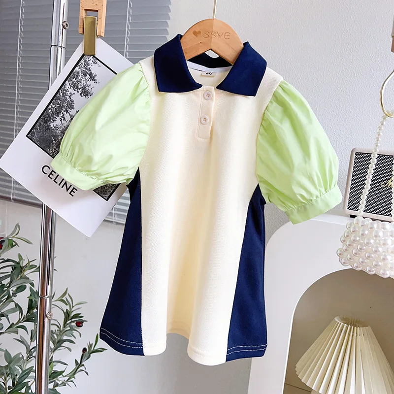 

Summer New Arrival Girls Short Sleeve Turn-down Collar Patchwork Apricot Roupa Infantil Menina Cute Party Dress Custume 18M-7T