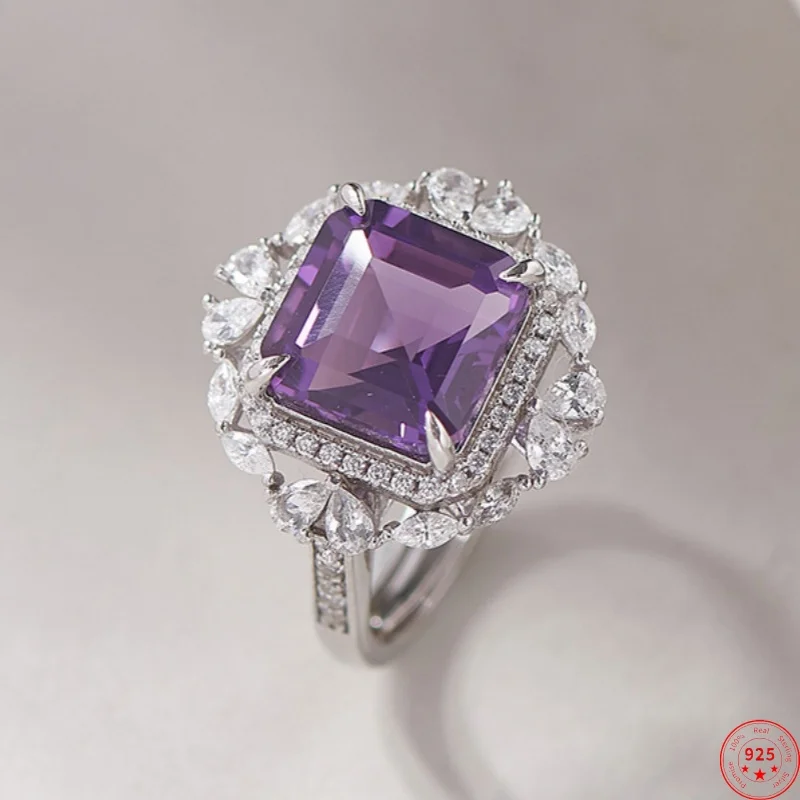 

S925 Sterling Silver Charms Rings for Women New Fashion Simplicity Floswer Inlaid Natural Amethyst Zircon Jewelry Free Shipping