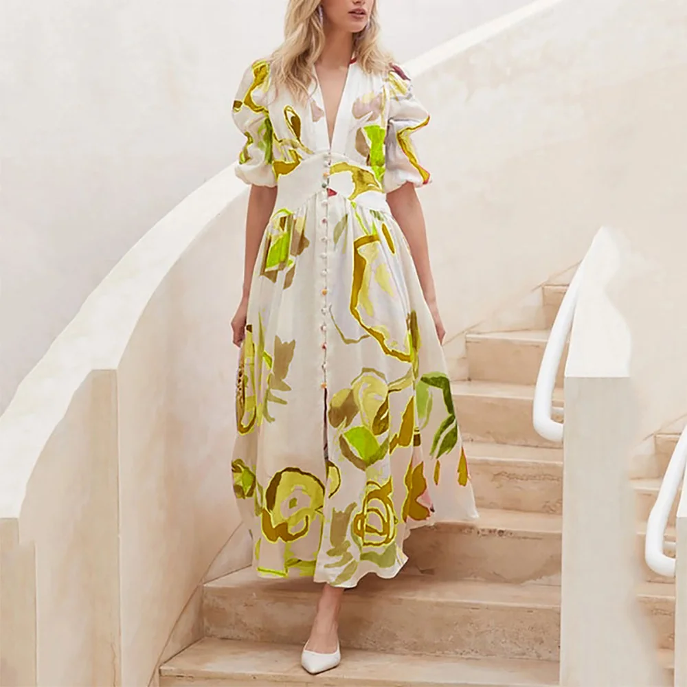2023 Summer Dress Women Sexy V-neck Bubble Sleeves Beachwear Long Dresses Big Swing Print Vestidos Woman Clothing Traf Vestido
2023 Summer Dress Women Sexy V-neck Bubble Sleeves Beachwear Long Dresses Big Swing Print Vestidos Woman Clothing Traf Vestido