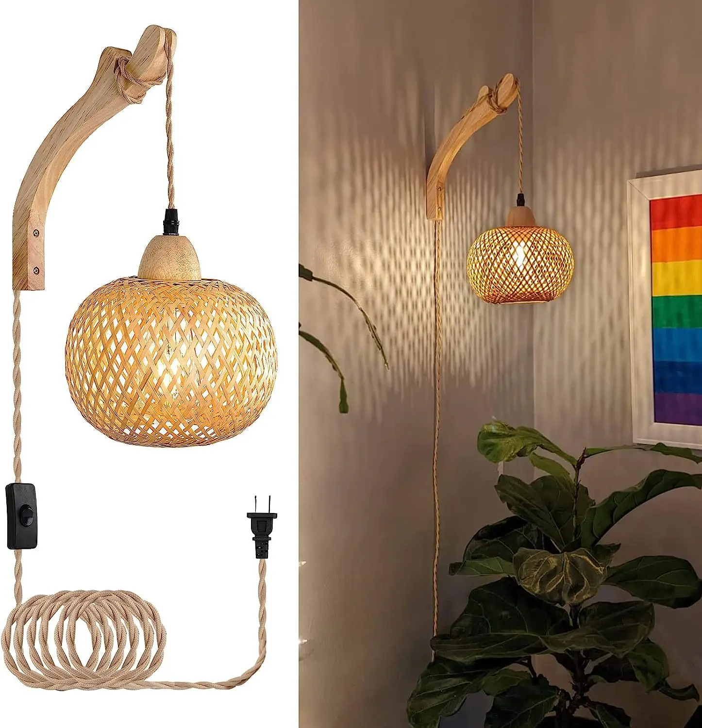 

Настенный светильник из бамбука, плетеные лампы из натурального ротанга, E27, комнатное украшение ручной работы из бамбука, настенные осветительные приборы