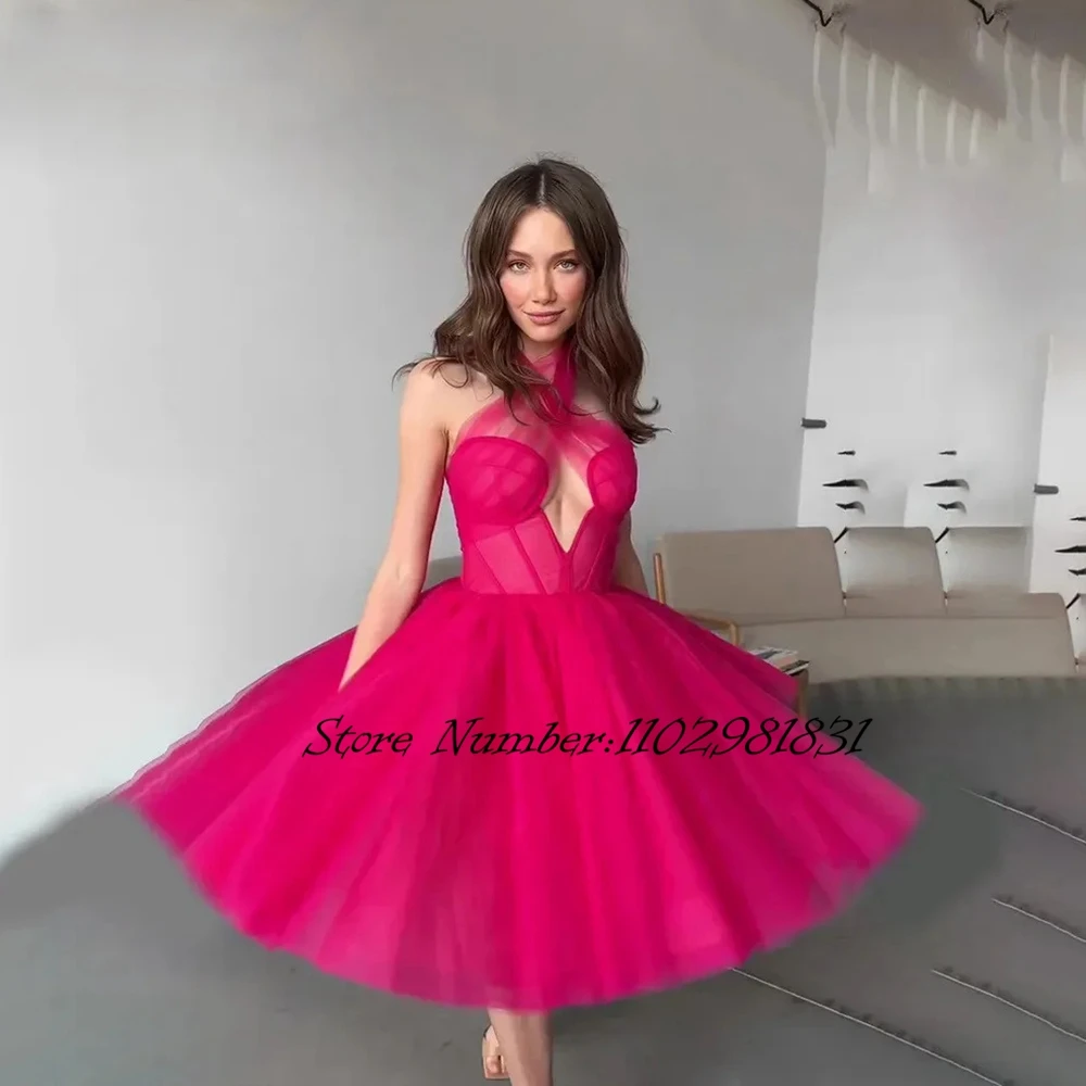 

Fuchsia A-line Tulle Prom Dress Sexy High Neck Lace up Mini Birthday Party Cocktail Dress Women's فساتين سهره فاخره 2024