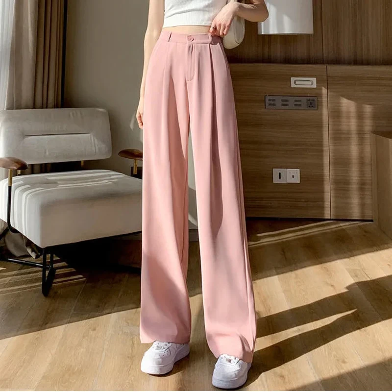 

Костюмные брюки, женские летние модные широкие брюки, корейские элегантные однотонные свободные женские универсальные брюки с высокой талией