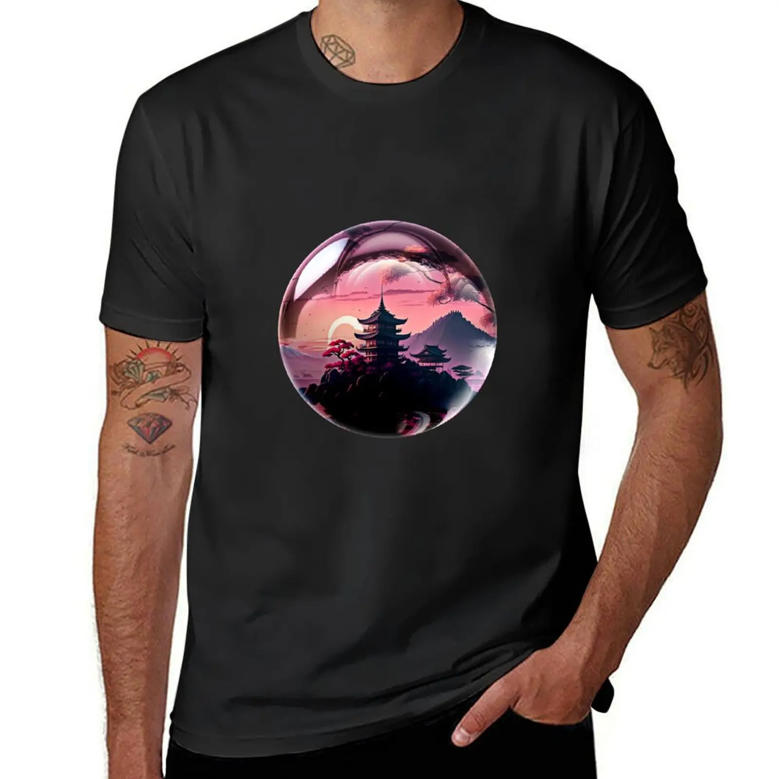 

Glass ball with temple and pink sky T-Shirt for a boy customs boys whites customizeds mens graphic t-shirts anime