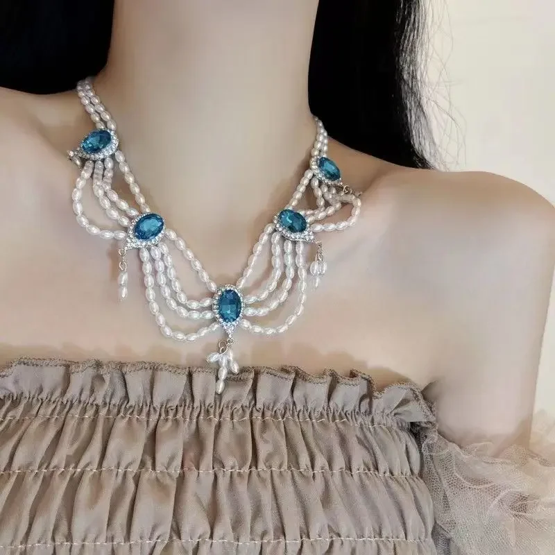 

Retro palace style blue pearl necklace French luxury design sense fringe collar chain fashion women's wedding banquet jewelry