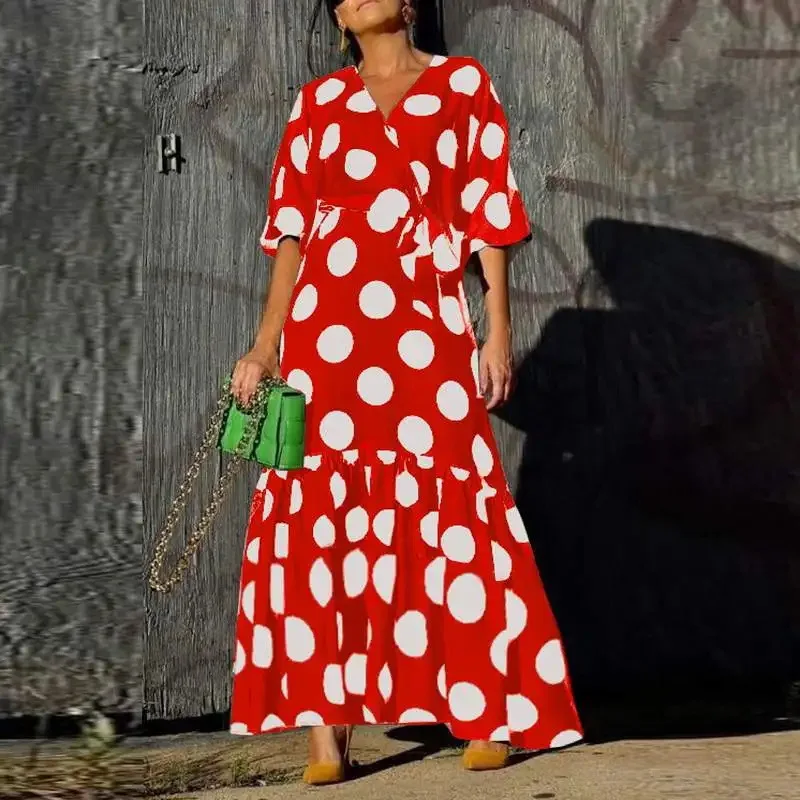 

Vintage Polka Dot Print Pleated Long Dress Women Casual Bubble Sleeve Bohe Maxi Dress Elegant Deep V-neck Lace-up Party Dresses