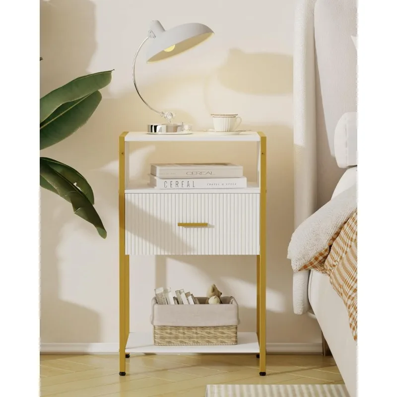 

Nightstand White Beside Table with Storage Drawer Open Wood Shelf Modern Tall End Side Table for Living Room Bedroom Nightstands