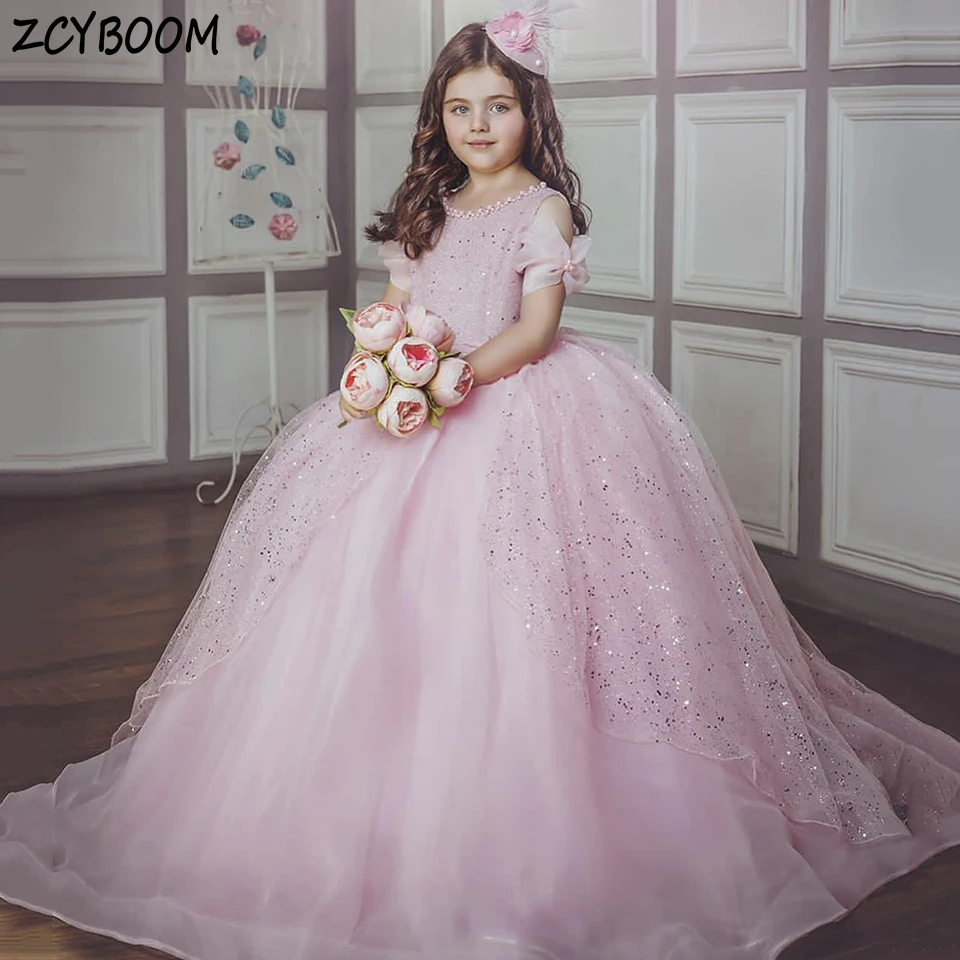 

Lovely Pink O-Neck Pearls Sequin Flowers Girl Dress 2024 Sleeveless Ball Gown Floor Length Sweep Train First Communion Gowns