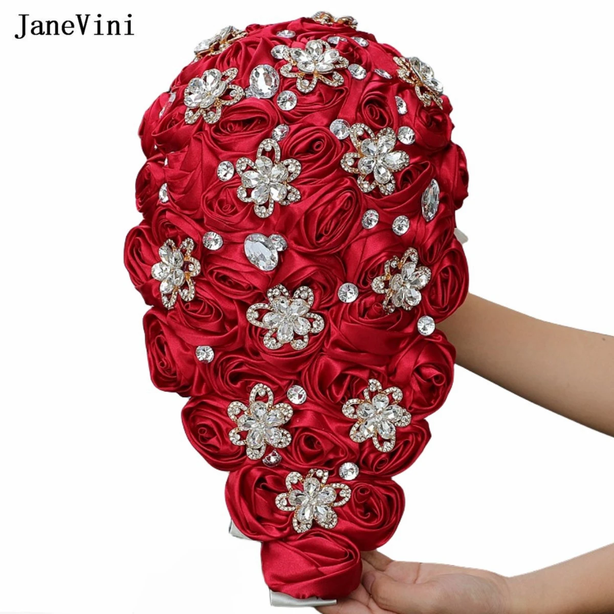 

JaneVini European Waterfall Bridal Flowers Bouquets Crystal Artificial Burgundy Satin Roses Cascading Wedding Bouquet for Bride