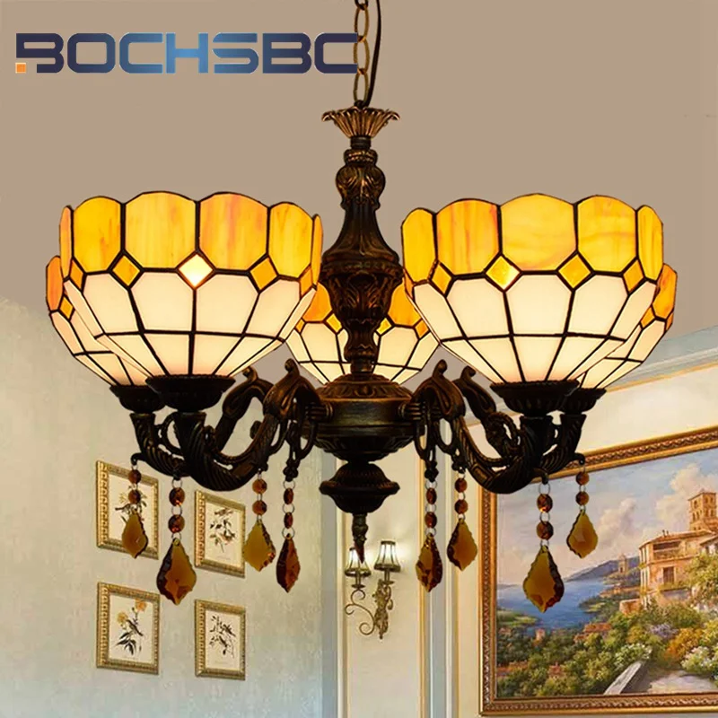 

BOCHSBC Tiffany style stained glass Mediterranean yellow crystal 5 head chandelier living room Dining room bedroom hallway decor
