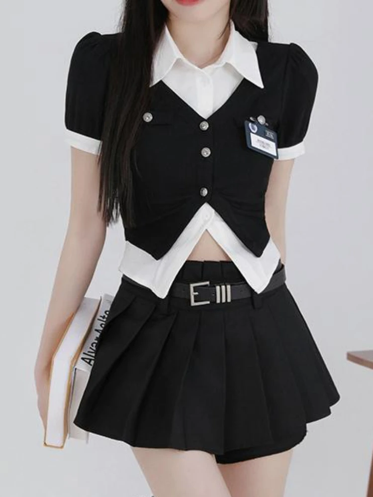 Summer Y2k Party Two Piece Set Women College Style Mini Skirts Suit Female Chic Fake Two Piece Blouses+Sweet Pleated Skirts 2023
Summer Y2k Party Two Piece Set Women College Style Mini Skirts Suit Female Chic Fake Two Piece Blouses+Sweet Pleated Skirts 2023