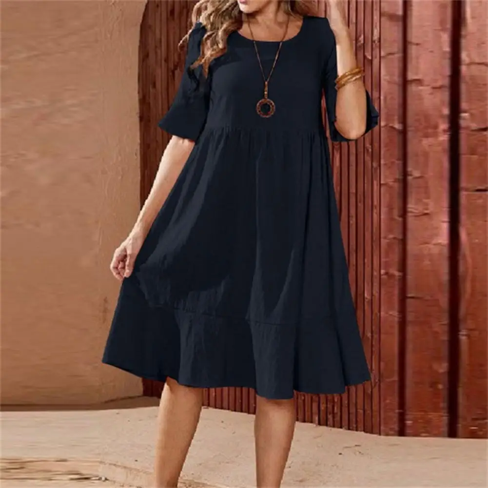 

Women O-Neck Flared Short Sleeve Midi Dress High Waist Thin Colorfast Ruffle Flowy Hem Solid A-line Midi Dress Holiday Sundress