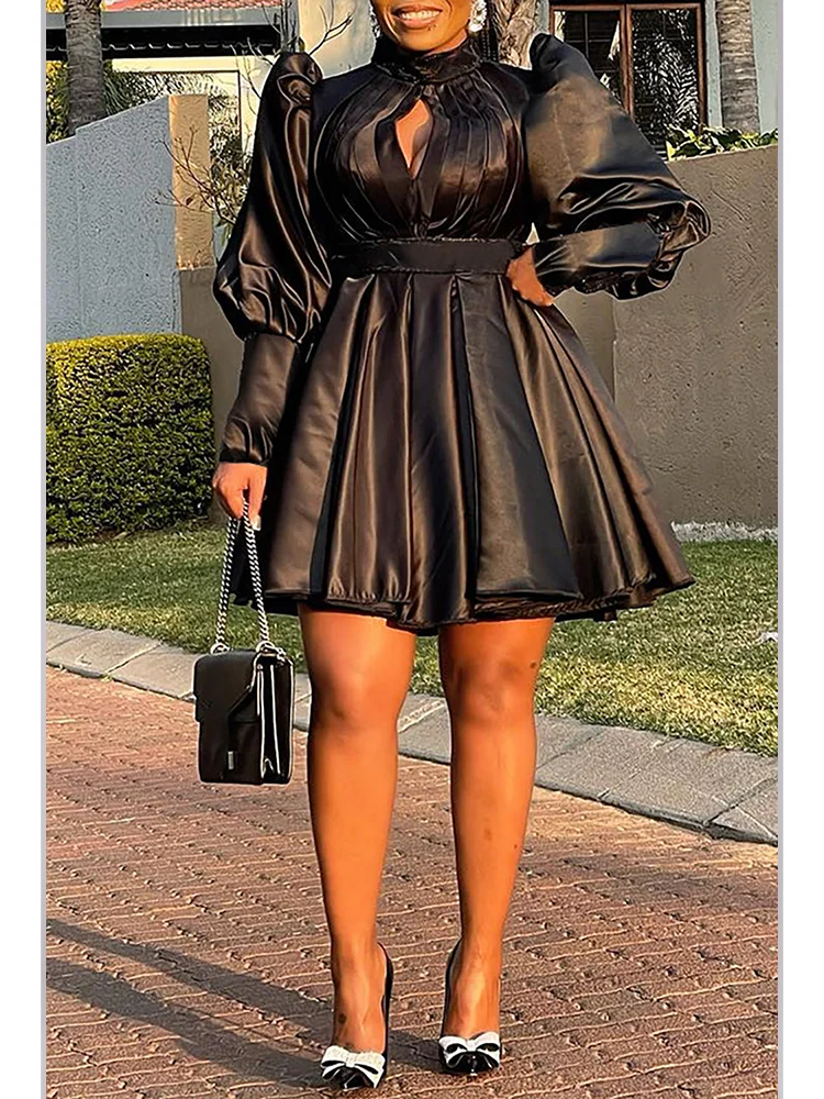 

Plus Size Women'S Dress Solid Color Evening Dress Pleated And Fluffy Sleeves Elegant Commuting Mini Dress