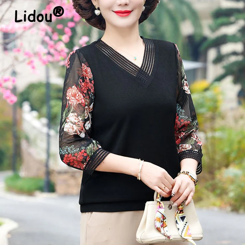 

Summer Middle Aged Women Fashion Floral Print Thin Chiffon Blouse Casual 3/4 Sleeve V Neck Tops Elegant Loose Blusas Para Mujer