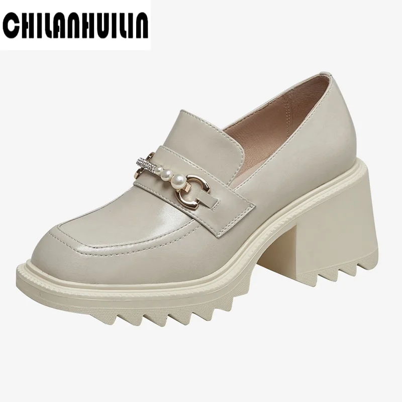 

autumn/spring shoes 2024 genuine leather pumps square toe shallow cut crystal chain thick heeled commuting loafers single shoes