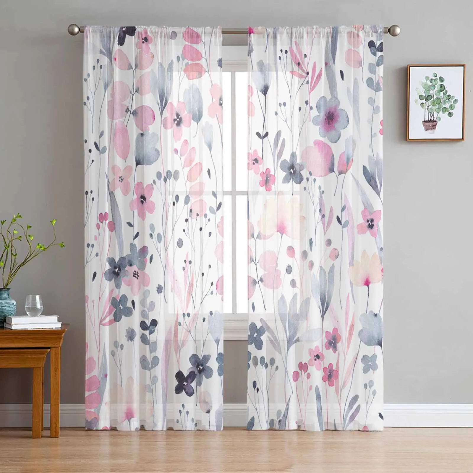 

Plant Color Floral Watercolor Natural Tulle Voile Curtains for Bedroom Living Room Window Curtain Sheer Curtains Organza Drapes