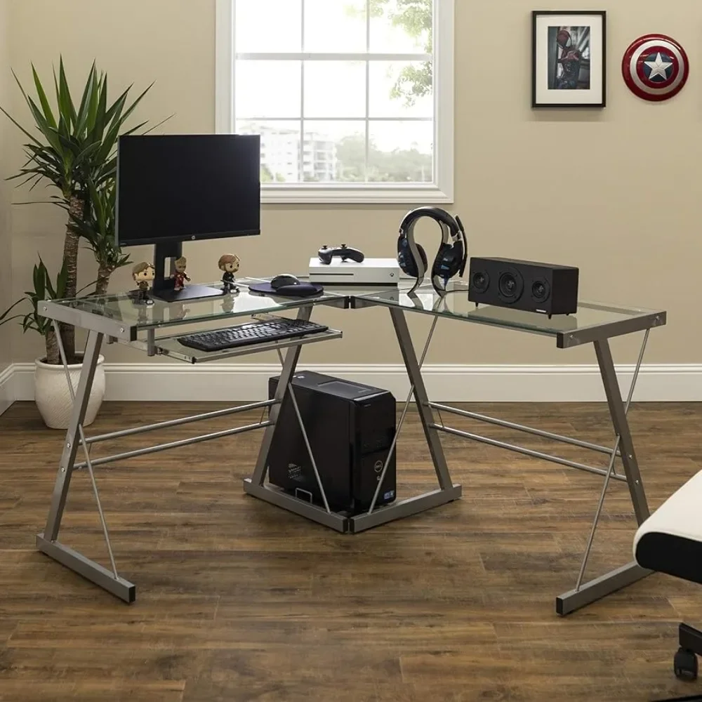 

51 Inch Reading Desk Ellis Modern Glass Top L Shaped Corner Gaming Desk With Computer Keyboard Tray Silver Freight Free Office