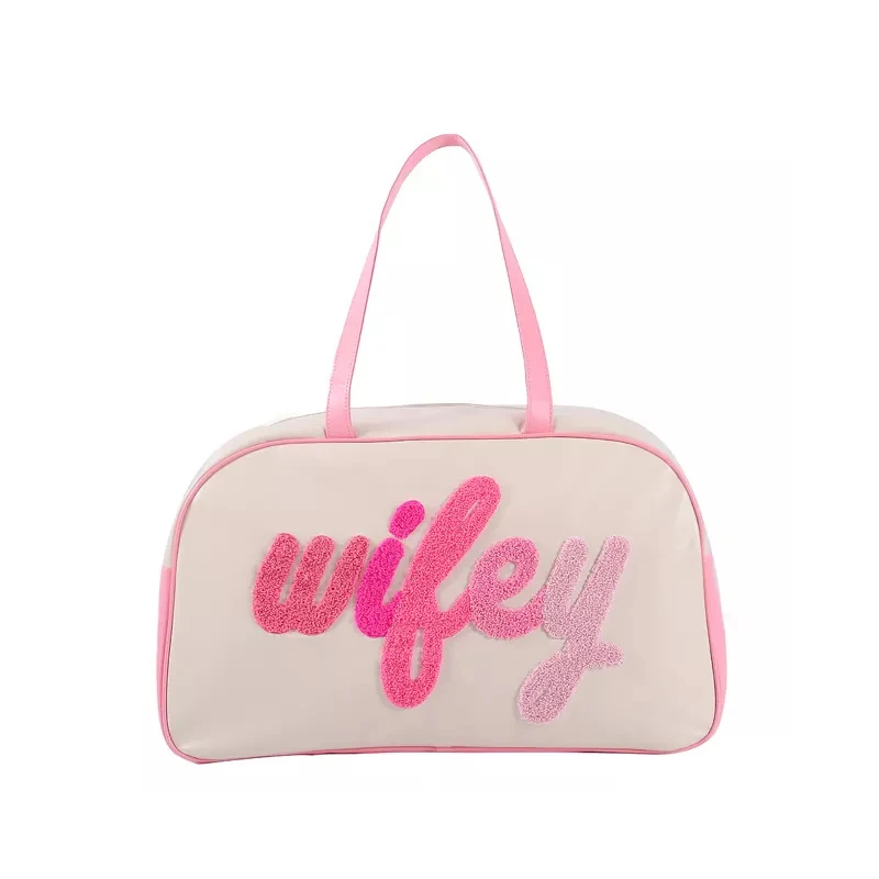 

Pu leather Sport Duffle Bag Wiffey Stitching Color Pink Duffle Bag Wholesale Embroidered Letters Waterproof Travel Duffel Bag