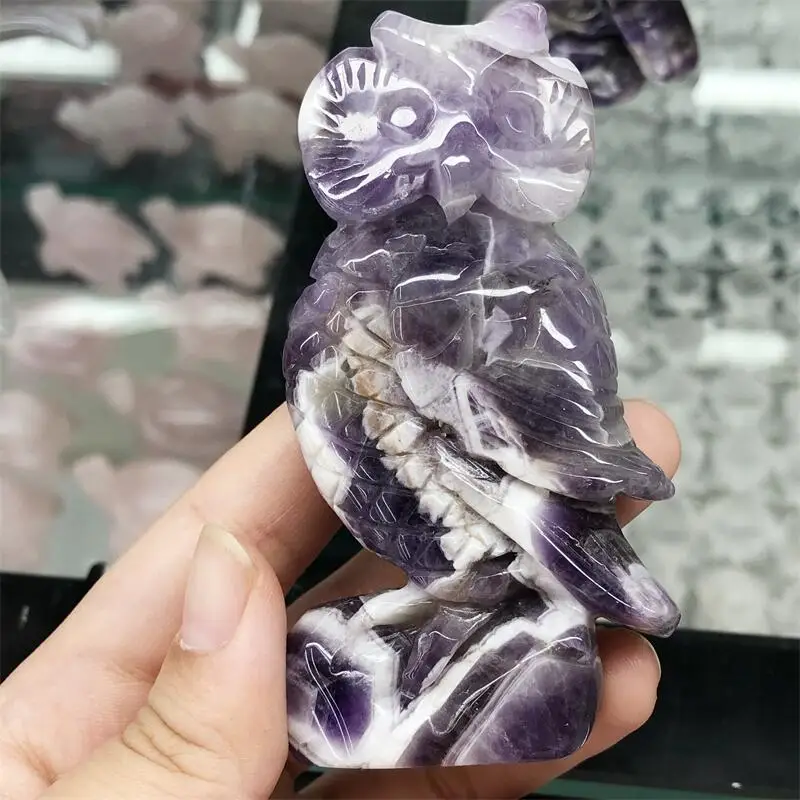 

Natural Stone Dream Amethyst Ornaments Owl Animal Crafts Carving Healing Crystal Mineral Gem Figurine Home Decoration 1pcs