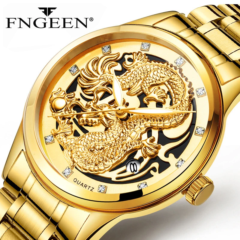 

FNGEEN Chinese Dragon Gold Quartz Watch Fashion Diamond Dial Mens Watches Top Brand Luxury Clock Male Luminous Calendar Watch