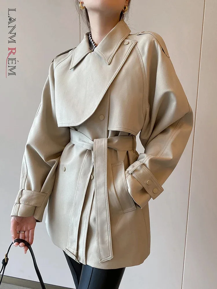 

[LANMREM] Belt Gathered Waist Trench For Women Lapel Long Sleeve Quilted Coat Fashion Tide Windbreaker Spring 2024 New 26D8435