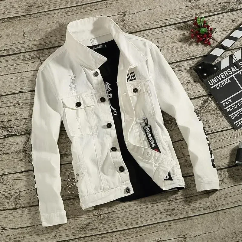 

Denim Jackets Man Punk Ripped Jeans Coat for Men Slim Fit with Print Hole Winter 2023 Cheap Price Stylish on Board Fast Delvery