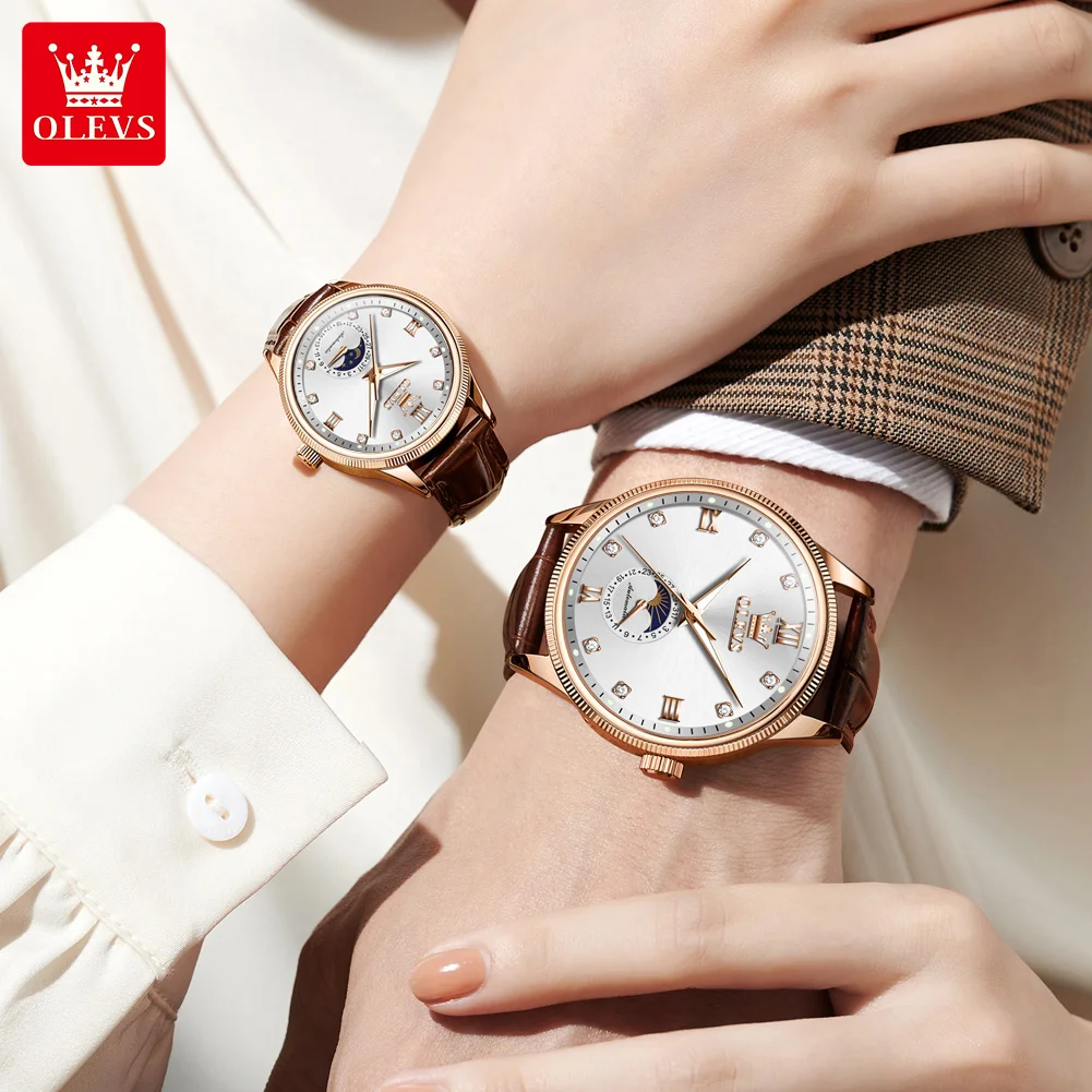 OLEVS-Montre-bracelet mécanique automatique étanche pour couple, montres pour amoureux, phase de lune, marque supérieure, mode, 7039 3