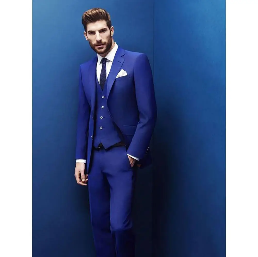 

Gentleman Elegant Royal Blue High-end Men Suit Slim Fit Peak Lapel 3 Pieces(Jacket+Pants+Vest) Male Formal Wedding Party Set