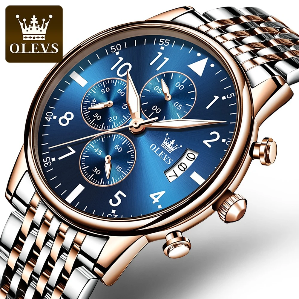 

OLEVS 2869 Fashion Quartz Watch Gift Round-dial Stainless Steel Watchband Chronograph Calendar Luminous Small second
