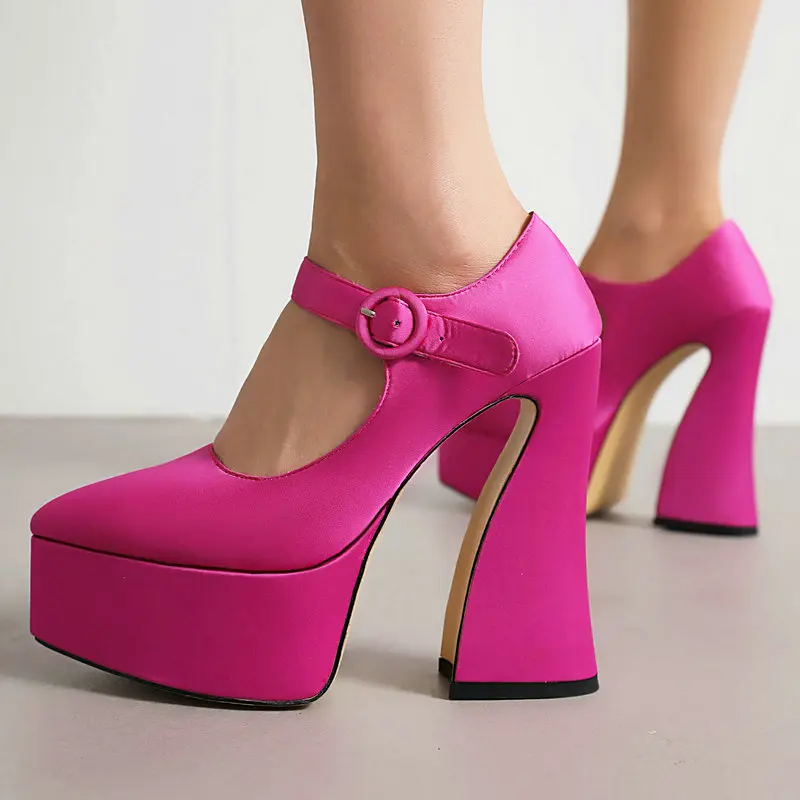 Satin Pink Fuschia Pointed Toe Wedding Party Bride Shoes Block High Heeled Mary Janes Women Pumps Spring Autumn Platform Heels 
Satin Pink Fuschia Pointed Toe Wedding Party Bride Shoes Block High Heeled Mary Janes Women Pumps Spring Autumn Platform Heels