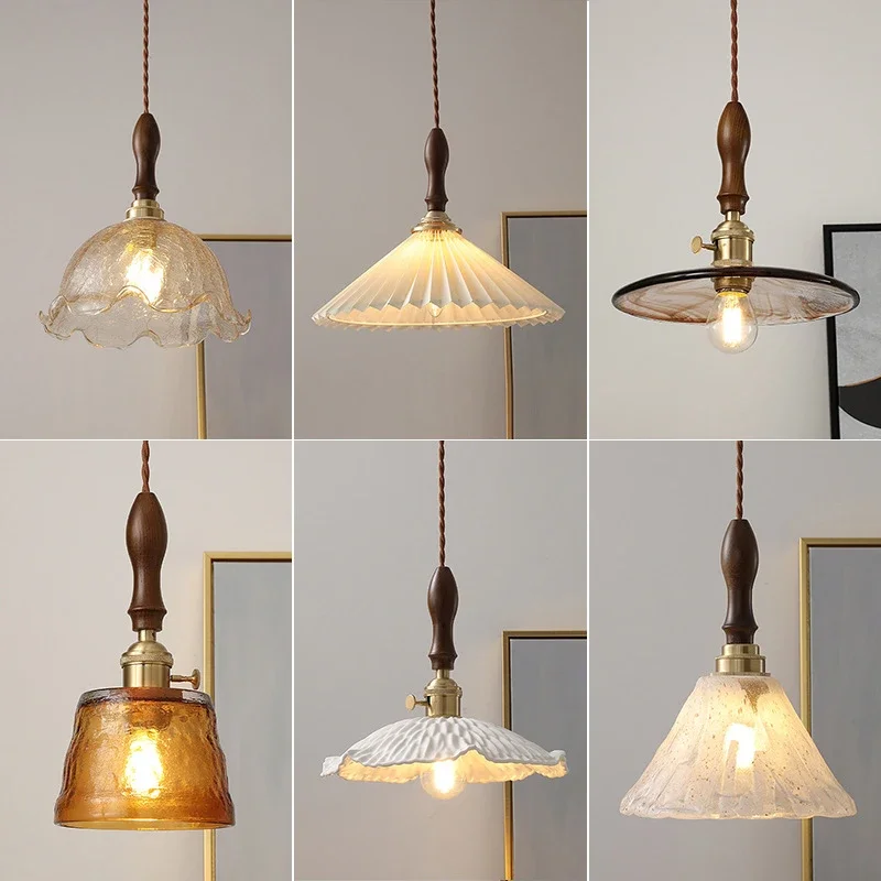

Nordic Wooden Glass LED Pendant Lights Vintage Fixtures Home Lighting Bedroom Living Room Beside Copper Lamp Hanglamp Luminaria