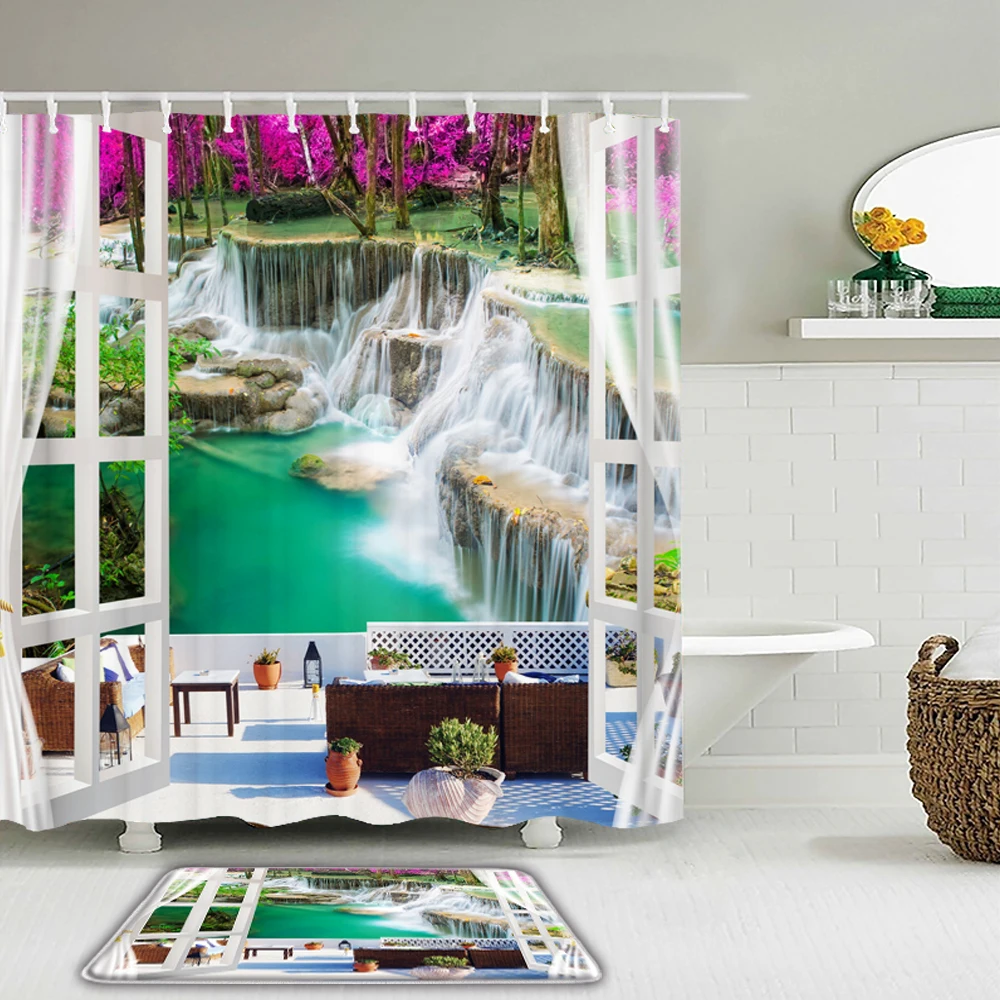 

3D Forest beach scenery outside the window printed shower curtain set waterproof bath curtains with bathroom non-slip floor mat