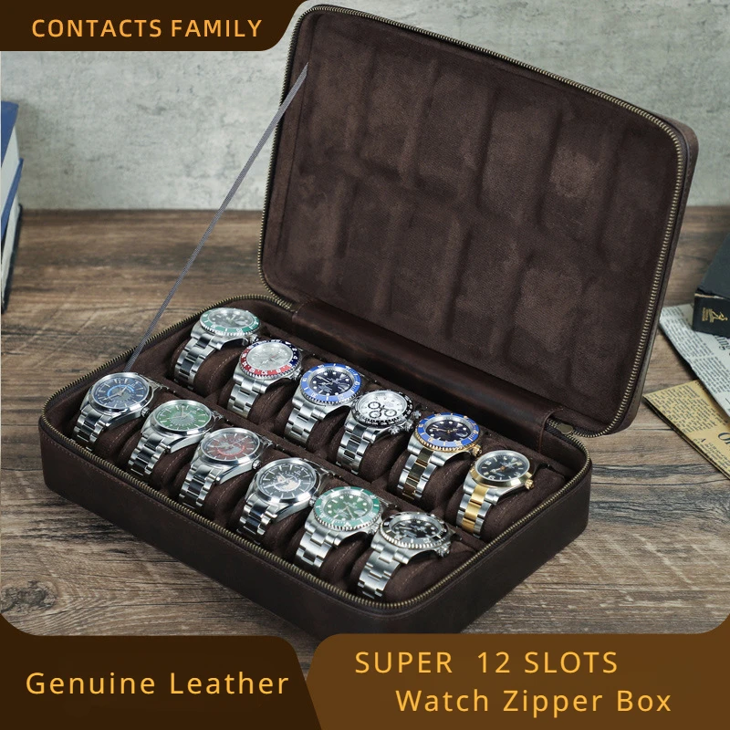 

Luxury 12 Slots Genuine Leather Watch Case Box Cowhide Watch Storage Box Portable Watch Box Organizer Man Gift