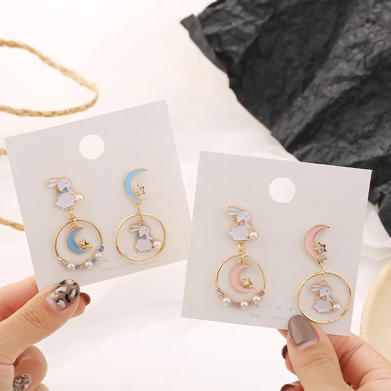 

Cute Fashion Asymmetric Cat Rabbit Moon Star Stud Earrings For Women Girls Fan Flower Heart Fish Eardrop Wedding Dangle Jewelry