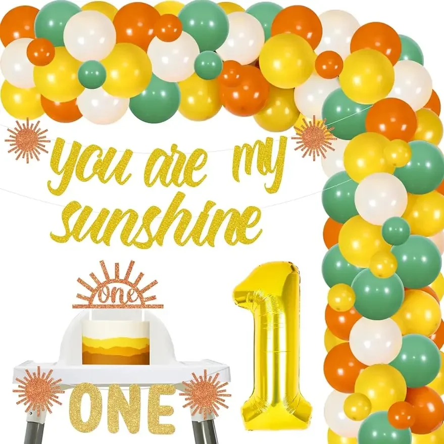 

FANGLELAND Sun First Birthday Decorations,Balloon Garland Arch Kit Banner Cake Topper High Chair Banner for 1st Party Supplies