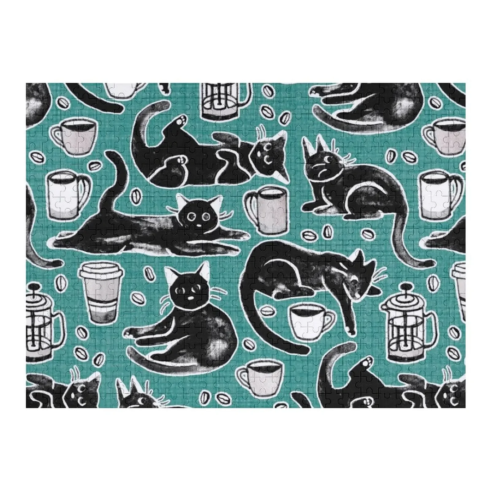 

Black Cats & Coffee on Teal Jigsaw Puzzle Wood Adults Personalized Wooden Name Adult Wooden Custom Wood Puzzle
